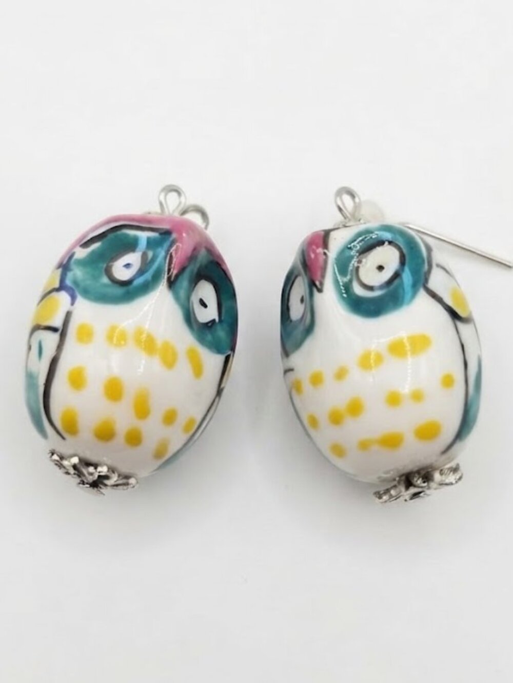 Whimsical Hand-Painted Ceramic Owl Drop Earrings